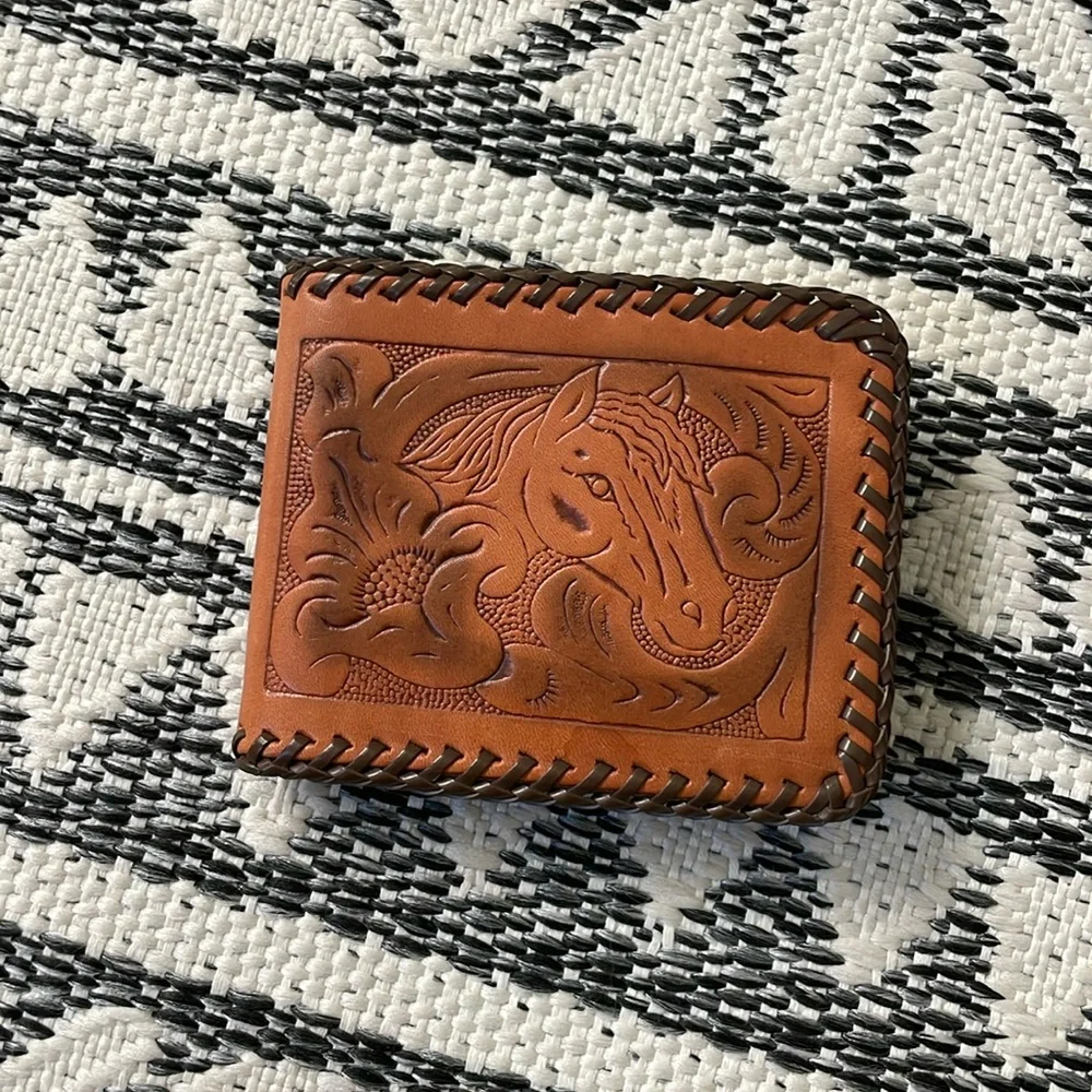 VTG Hand-Stitched Leather Wallet with Horse/Floral Pattern